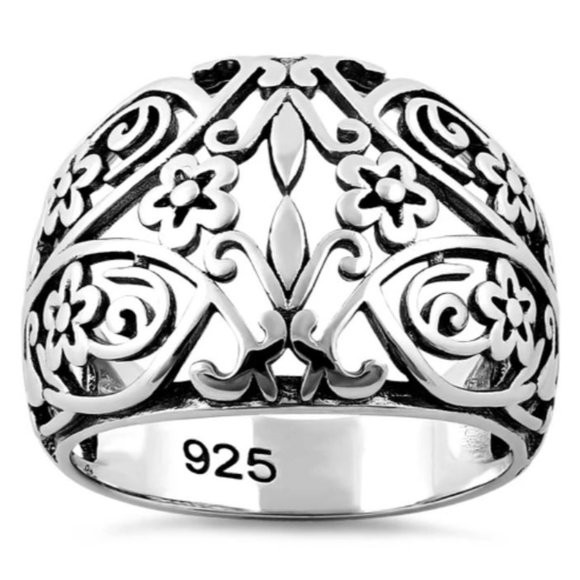 925 STERLING SILVER Open Work Floral Dome Ring - Picture 14 of 16